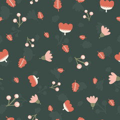 Wall Mural - Scattered flowers leaves berries seamless vector background. Abstract nature pattern pink red orange black. Repeating texture Scandi fall leaf. Seasonal art for fabric, Thanksgiving, digital paper