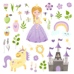 Vector set of beautiful princess, castle, unicorn and accessories