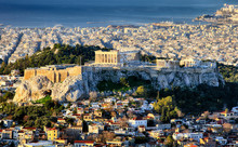 Aerial View Over Athens With Te Acropolis And Harbour From Lycabettus Hill, Greece At Sunrise