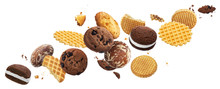 Falling Cakes, Cookies, Crackers, Waffles Isolated On White Background