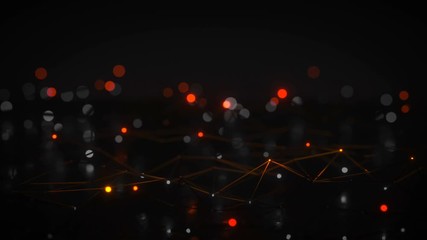 Poster - Chaotic plexus structure with lines and glowing red spheres. Futuristic technologies or sci-fi concept. Seamless loop 3D render animation with DOF