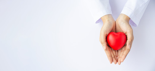 woman doctor hands holding red heart on wide white background donate for hospital care concept. pano