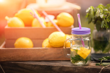 Wooden lemonade stand in park. outdoor homemade lemonade stand with a sign and  a small business or money concept. In the park on the green lawn a wooden counter with a lemonade. An adorable summer le