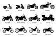 List of different type of motorcycle, bike, and motorbike icon set. Side view of all kind of motorcycle from moped, scooter, roadster, sports, cruiser, touring, scrambler, trial bike, and chopper.