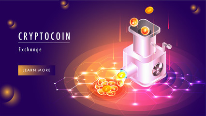 Wall Mural - Cryptocoin exchange concept based web template design with illustration of money exchange machine changing virtual to real money