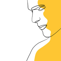 Continuous one line drawing of man face portrait with yellow spot. Hairstyle. Fashionable men's style. Fashion concept, beauty minimalist, vector illustration for t-shirt, slogan design graphics style