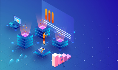 Wall Mural - Big Data Analysis concept, business woman maintain data servers or analysis stats on shiny blue background, isometric design for web template.