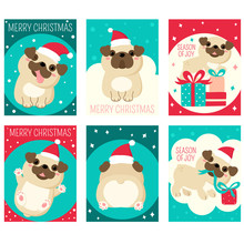 Set Of Christmas Gift Tag, Card, Badge, Sticker With Cute Pugs