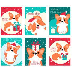 Wall Mural - Set of Christmas gift tag, card, badge, sticker with cute corgi