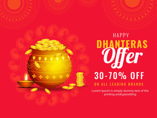 Happy Dhanteras offer 30-70% discount offer with illustration of golden coin pot on red ornamental background.