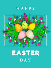 Wall Mural - Happy Easter greeting card design decorated with colorful eggs and flowers.