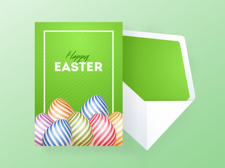 Poster - Green greeting card design decorated with colorful eggs for Happy Easter celebration.