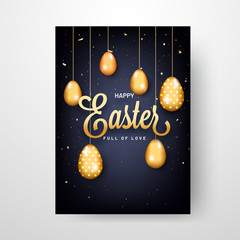 Sticker - Happy Easter celebration template or greeting card design with illustration of glossy golden eggs hang on black background.