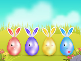 Poster - Colorful bunnies easter eggs with cute expression on nature landscape background for Easter Celebration concept.