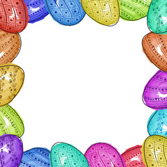 Poster - Colorful hand drawn pattern easter eggs decorated on white background for Happy Easter celebration concept.