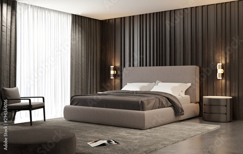 Cuadros en Lienzo Title: Contemporary luxury modern beige bedroom with stool and a modern carpet