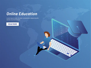 Poster - Online Education concept, isometric laptop with binary coding, girl preparing online on blue world map background for landing page design.