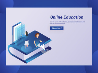 Poster - Online Education or E-Learning concept with isometric illustration of girl preparing online through smartphone.