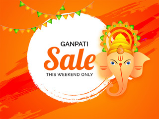 Wall Mural - Ganpati Sale poster or banner design with Lord Ganesha face on orange brush stroke background for Indian festival celebration concept.