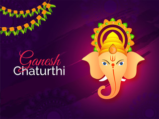 Wall Mural - Ganesh Chaturthi festival template or flyer design with Lord Ganesha face on abstract purple background.