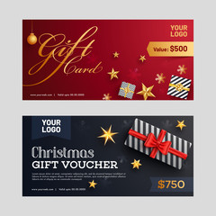 Sticker - Christmas gift voucher or discount coupon layout with best discount offer and illustration of gift boxes and starts