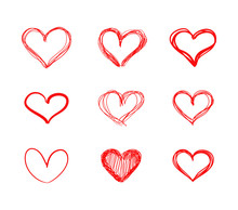 Vector Hand Drawn Hearts, Red Scribble Lines, Drawings Set Isolated On White Background, Doodle.