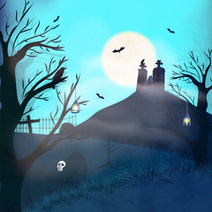 Canvas Print - Graveyard landscape with haunted mansion on full moon night background for Halloween festival.