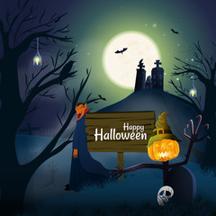 Canvas Print - Happy Halloween celebration design with illustration of zombie jack-o-lantern, cartoon character of vampire and haunted house on full moon night background.