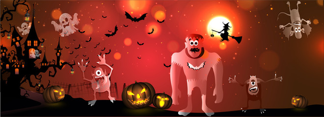 Canvas Print - Website header or banner design with illustration of scary monsters and pumpkins on blurred background.