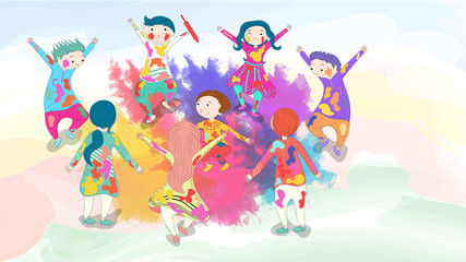 Wall Mural - Happy kids character celebrating holi festival on color splash background.