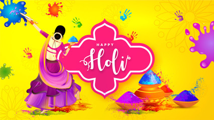 Wall Mural - Indian festival of colors celebration poster or banner design, dancing character of woman with color pots for Holi celebration.