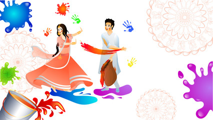 Wall Mural - Young couple playing holi together on color splash background decorated with florals. Holi festival celebration poster or banner design.