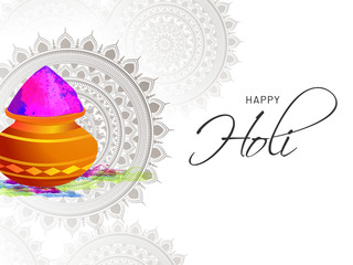 Happy Holi celebration greeting card design with earthen pot full of dry colors on mandala decorated background.