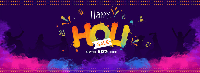 Wall Mural - creative text happy holi on blue background with 50% discount offer for festival sale header or bann