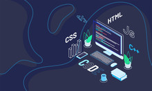 Workspace Of Web Developer With Text Code On Abstract Blue Background. Isometric Design For Software Development.