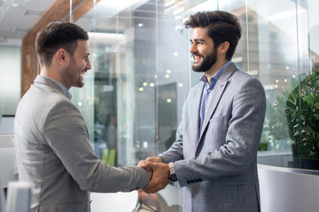 Young elegant businessmen shaking hands after signing contract at a meeting in office