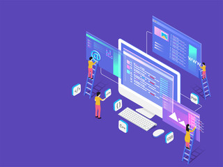 Wall Mural - miniature web developers maintaining the website isometric design for teamwork or web developing con