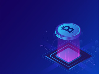 Sticker - Crypto mining concept based isometric design with 3d bitcoin between emerging rays on blue background .