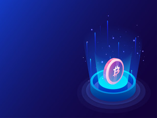 Wall Mural - 3D illustration of bitcoin between emerging digital rays on glossy blue background for crypto mining concept based isometric design.