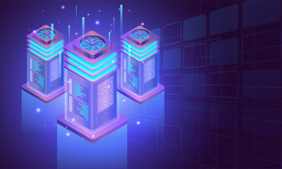 Sticker - Isometric illustration of glowing big servers with digital rays on blue background for Data Center concept.