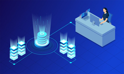 Wall Mural - glowing servers connected with database, lady analyst maintain the data on blue background for data 