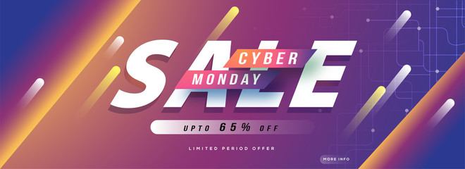 Poster - Website header or banner design, Upto 65% off for Cyber Monday Sale advertisment concept.