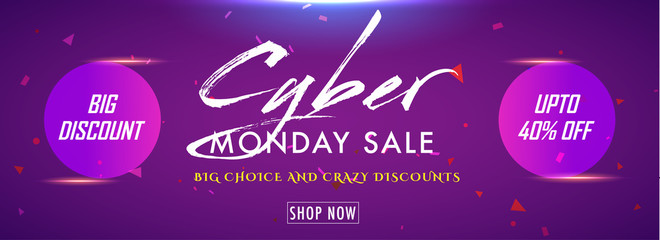 Sticker - Big discount sale upto 40% flat offer on Cyber Monday Sale. Shiny purple website header or banner design.