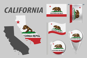 Canvas Print - CALIFORNIA. Set of national infographics elements with various flags, detailed maps, pointer, button and different shapes badges. Patriotic 3d symbols for Sport, Patriotic, Travel, Design, Template