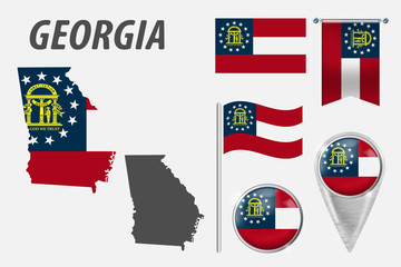 Canvas Print - GEORGIA. Set of national infographics elements with various flags, detailed maps, pointer, button and different shapes badges. Patriotic 3d symbols for Sport, Patriotic, Travel, Design, Template