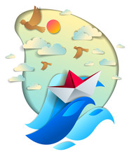 Paper Ship Swimming In Sea Waves, Origami Folded Toy Boat Floating In The Ocean With Beautiful Scenic Seascape With Birds And Clouds In The Sky, Vector Illustration.