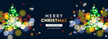 2020 New Year. Christmas Tree Sparkle Blur Bokeh Effect Horizontal Background . Dark Xmas Backdrop. Text Merry Christmas. Vector Illustration For Web Banners Invitation Poster.