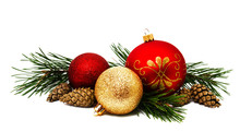 Christmas Decoration Golden Yellow And Red Balls With Fir Cones And Fir Tree Branches Isolated
