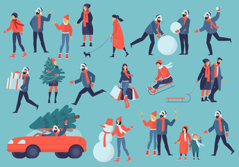 Set of vector people characters and winter christmas and new year activities . Seasonal design elements set for christmas and new year banner, poster, presentation, website and mobile app design.