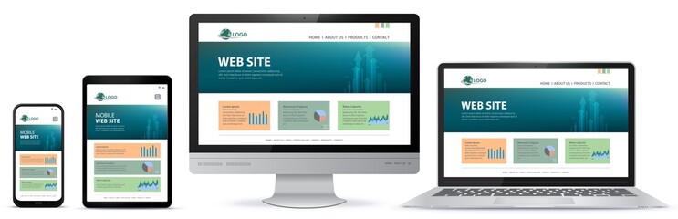 responsive website design with computer monitor, laptop, tablet pc and mobile phone screen